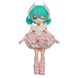 Toy figure with teal hair and pink dress on a white background