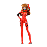 An action figure of Asuka Lang Soryu from the Evangelion franchise, wearing her signature red and black pilot suit, posed against a solid white background.