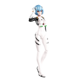 Character in a white and black outfit with blue hair on a white background