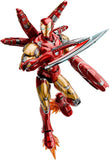 Red and gold superhero figure with a weapon on a white background