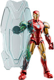 Action figure of Iron Man holding a shield on a white background