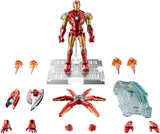 Toy figure of Iron Man with various parts on a white background