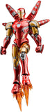 Red and gold superhero figure with fiery boots on a white background
