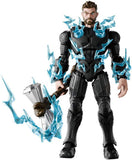 Action figure with black armor and blue energy effects holding a hammer on a white background