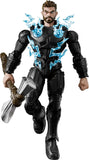 Action figure in black suit with blue energy effects on a white background