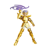 Gold armor figure with purple hair and energy effect on a white background