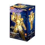 Boxed figure of Cancer Deathmask from Saint Seiya with gold armor on a blue background