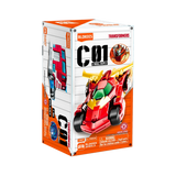 Transformers toy packaging with red and yellow robot figure on a white background