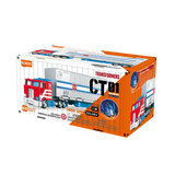 Toy truck packaging with 'Transformers' branding on a white background