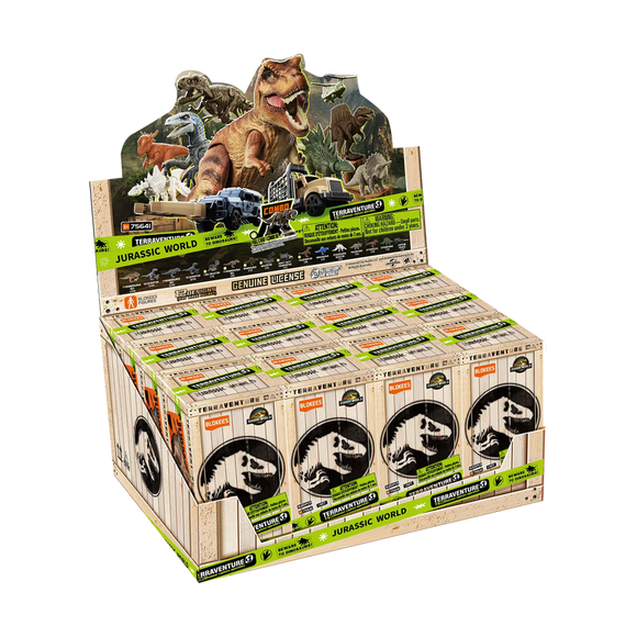 Display box of 'Jurassic World' toy figures with dinosaur illustrations on a white background