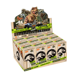 Display box of 'Jurassic World' toy figures with dinosaur illustrations on a white background