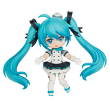 Anime character figurine with blue hair and a white outfit on a white background