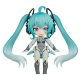 Anime character figurine with teal hair and headphones on a white background