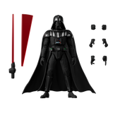 Darth Vader action figure with red lightsaber and interchangeable parts on a white background