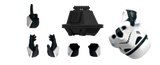Black and white toy figure parts on a white background