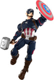 Action figure of a superhero in a blue and red costume holding a shield and hammer on a white background