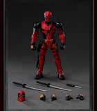Deadpool action figure with accessories on a gray background