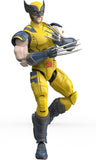 Action figure of a superhero in yellow and blue costume with claws on a white background