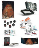 Collection of game components including a box, dice, cards, and rulebooks on a white background