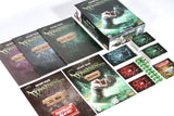 Board game components including cards and a box on a white background