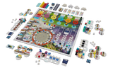 Board game with colorful pieces and components on a white background