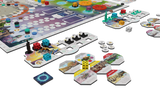 Board game with various pieces and components on a white background