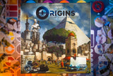 Board game box titled 'Origins' with a pyramid and cityscape design on a colorful background.