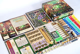 Board game set with components and box on a white background