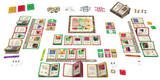 Board game components including cards, pieces, and a board on a white background