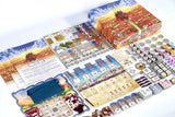 Board game set with cards, dice, and a box labeled 'Barcelona'.