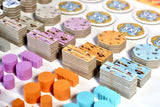 Colorful geometric shapes and blocks on a white surface