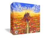 Board game box titled 'Barcelona' with cityscape illustration on a white background