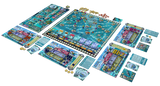 Board game with colorful tiles and pieces on a white background