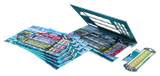 Set of colorful game cards and components on a white background