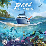 Board game cover titled 'Reef Project' with a ship, scuba divers, and underwater scene.