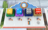 Colorful dice and game pieces on a board with text and graphics
