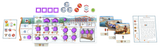 Board game components including cards, a board, and player tokens on a white background.