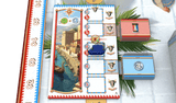 Board game components including a scoring sheet and character cards on a light background.