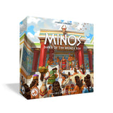 Board game box for 'Minoés: Dawn of the Bronze Age' with ancient Minoan design on a white background