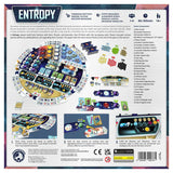 Board game packaging for 'Entropy' with game components and rules.