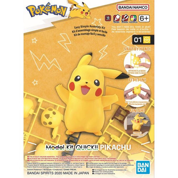 Pokémon Pikachu model kit packaging with BANDAI and Bandai Namco logos.