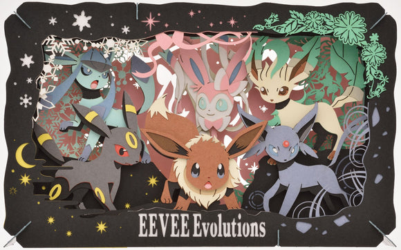 Illustration of Eevee and its evolutions on a decorative card with floral and star designs.