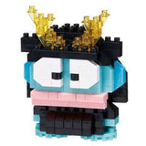 Toy figure made of interlocking bricks with a blue face and black hair on a white background