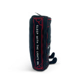 Black and red plush book with text on a white background