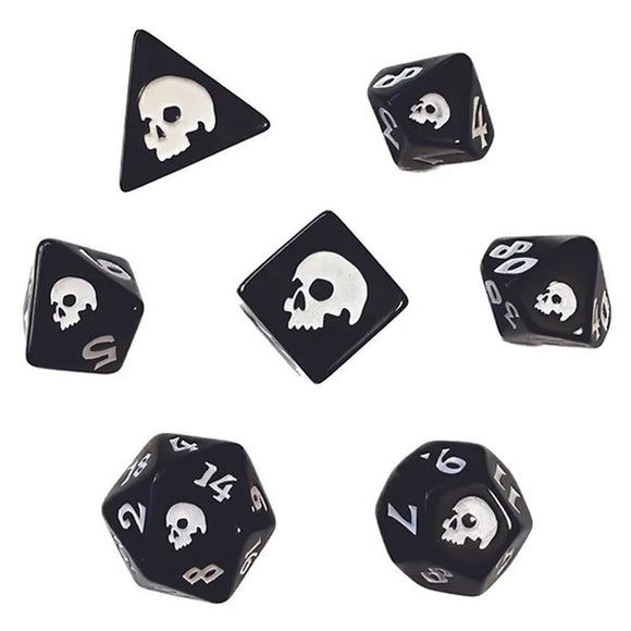 Black dice with white skull designs on a white background