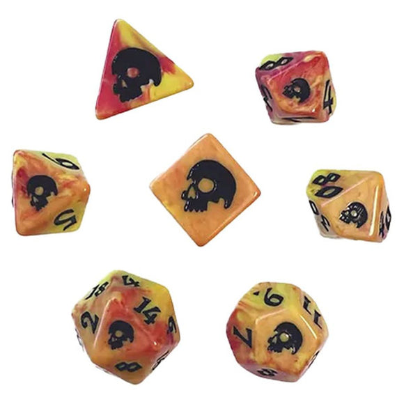 Set of dice with skull and number design on a white background