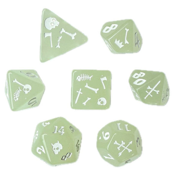 Set of green dice with white symbols on a white background