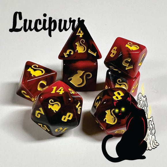 Set of red and black dice with yellow numbers and symbols, featuring a black cat silhouette on a white background.
