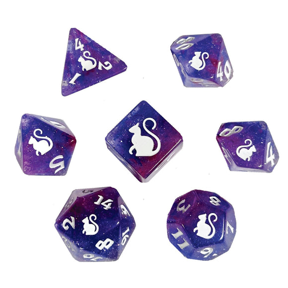 Set of purple dice with white cat design on a white background
