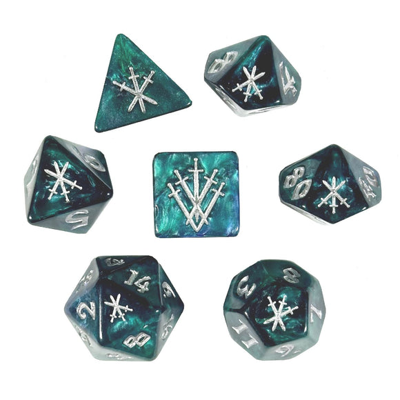 Set of teal and gray dice with star-like symbols on a white background